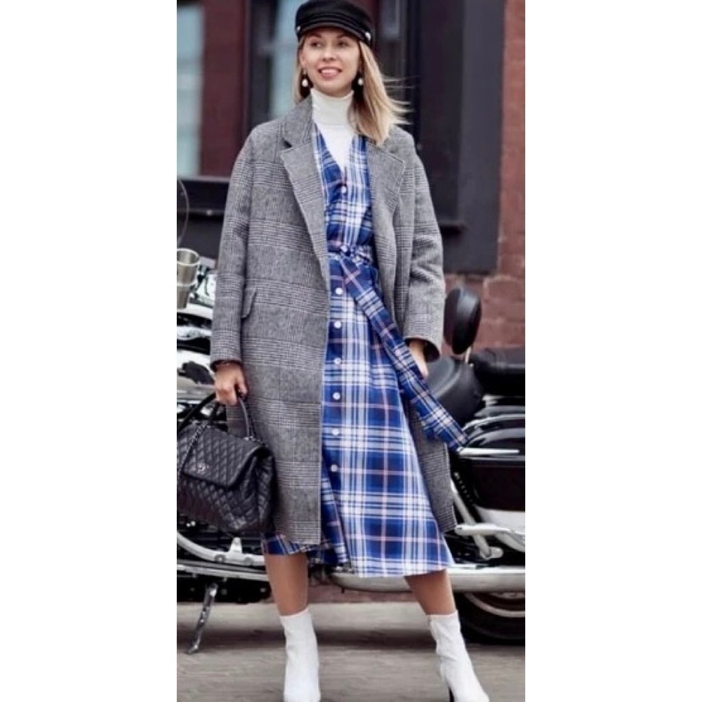 ZARA Blue Plaid Taffeta Dress Belted Tie Waist Midi Buttondown Preppy Small